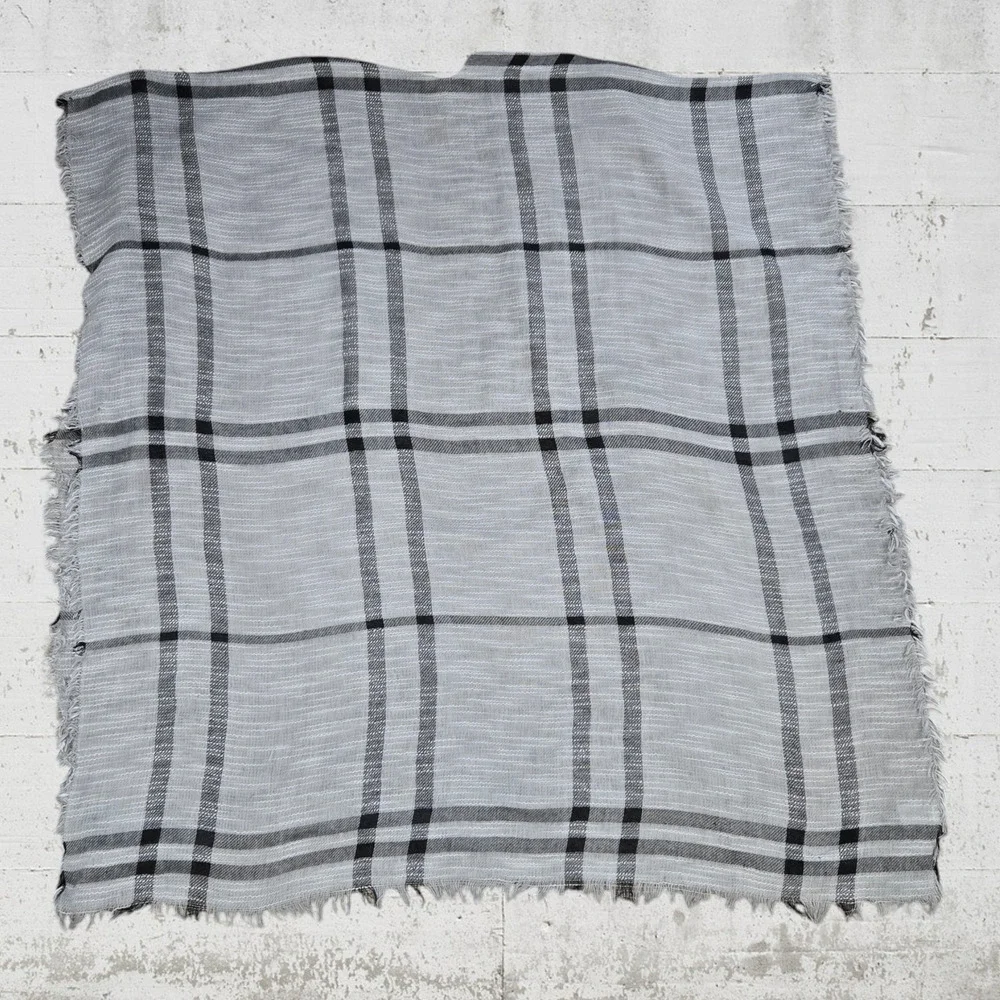 Falls Creek Gray Black Plaid Fringe Knit Wrap Style Blanket Scarf Poncho Shawl